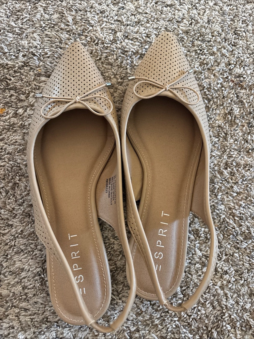 Esprit Beige Pointed-Toe Perforated Slingback Flats